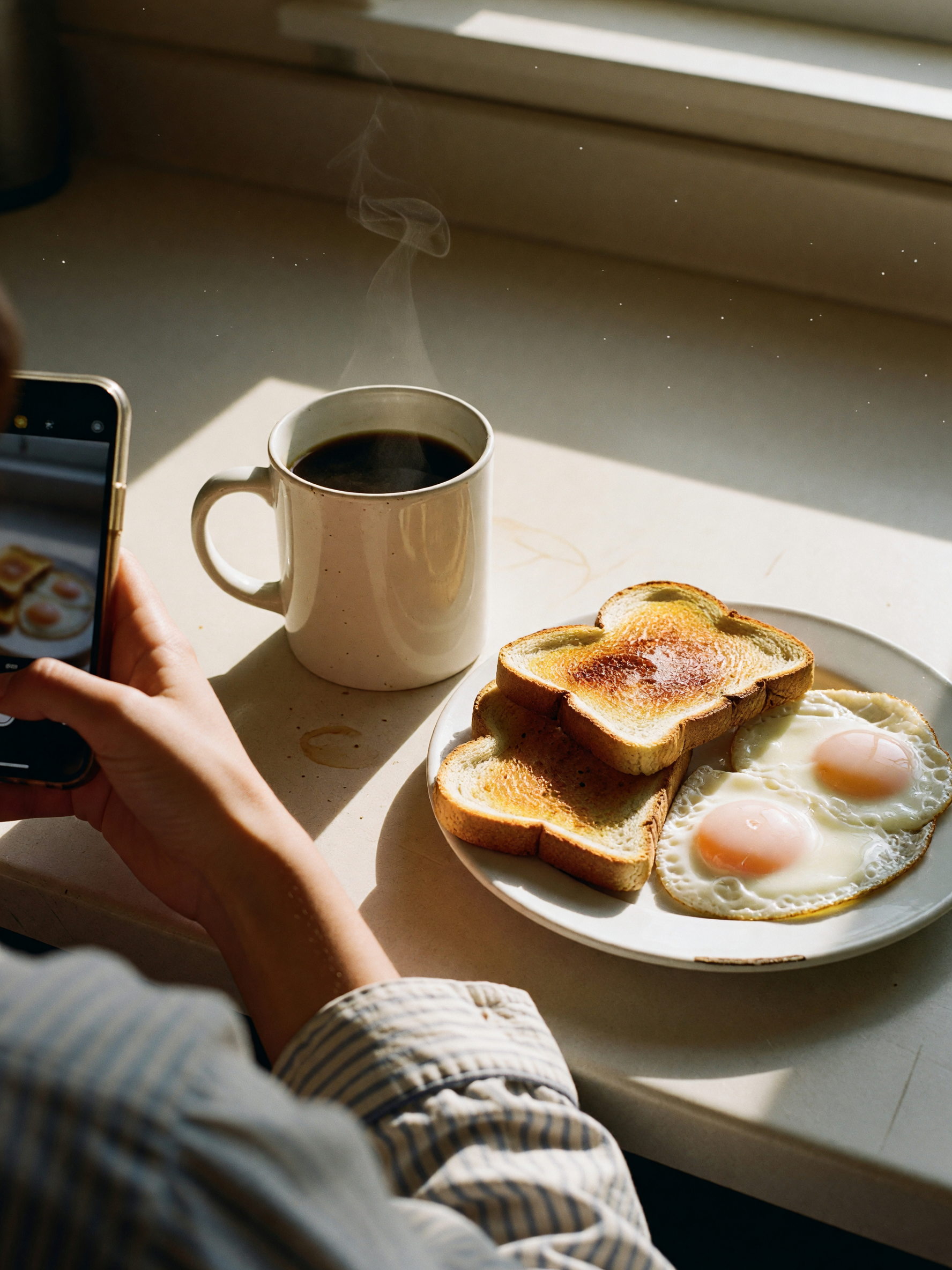 slow morning, first coffee on the counter and breakfast still warm, still half-a