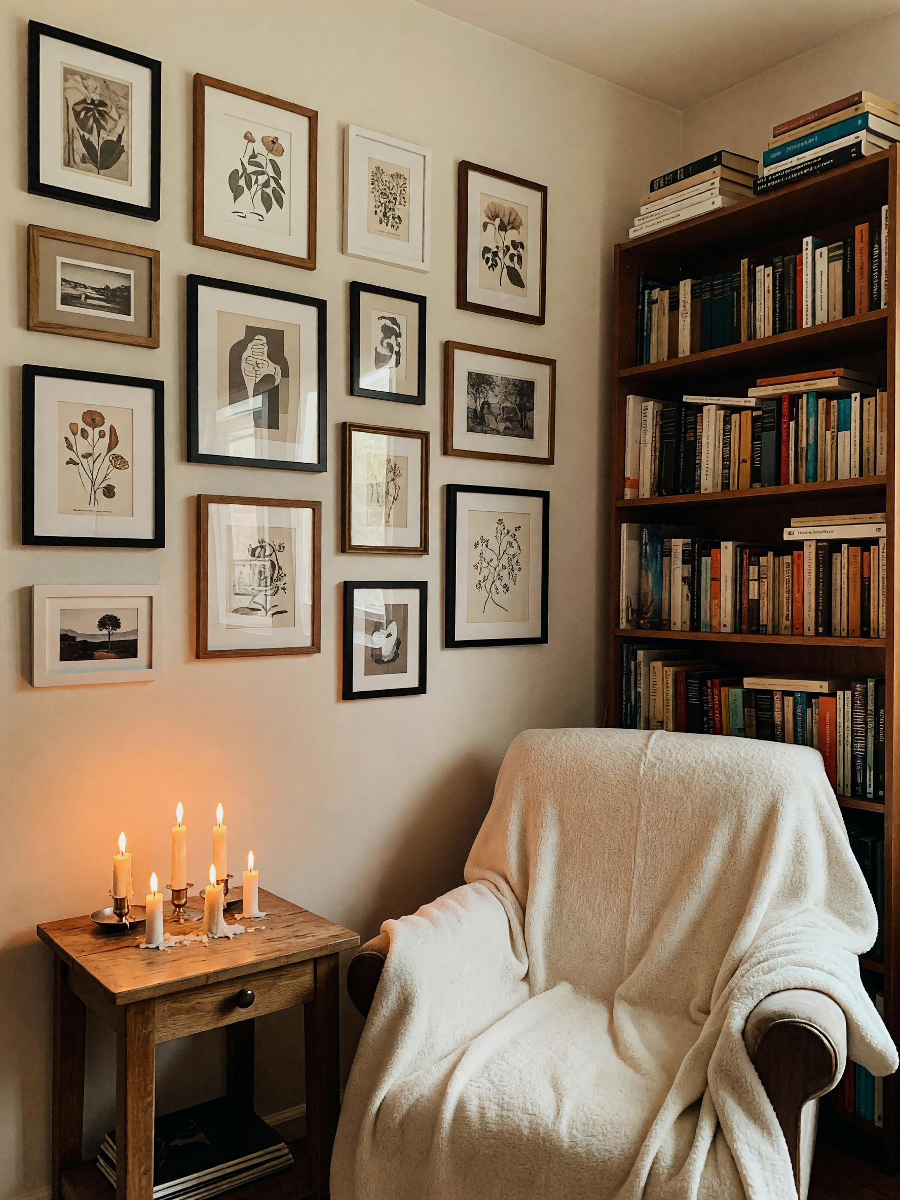 finally got the new shelf sorted, looks pretty cozy now. lit a couple candles to