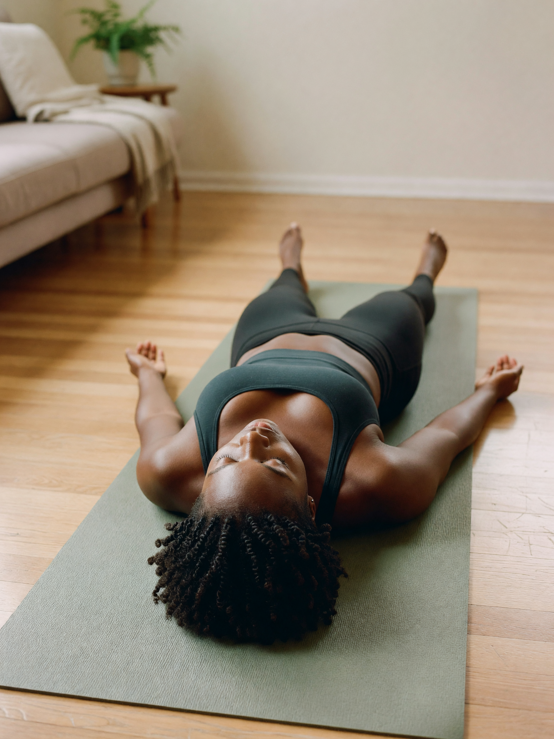 savasana done and still in the sports bra because why not. mat smells like eucal