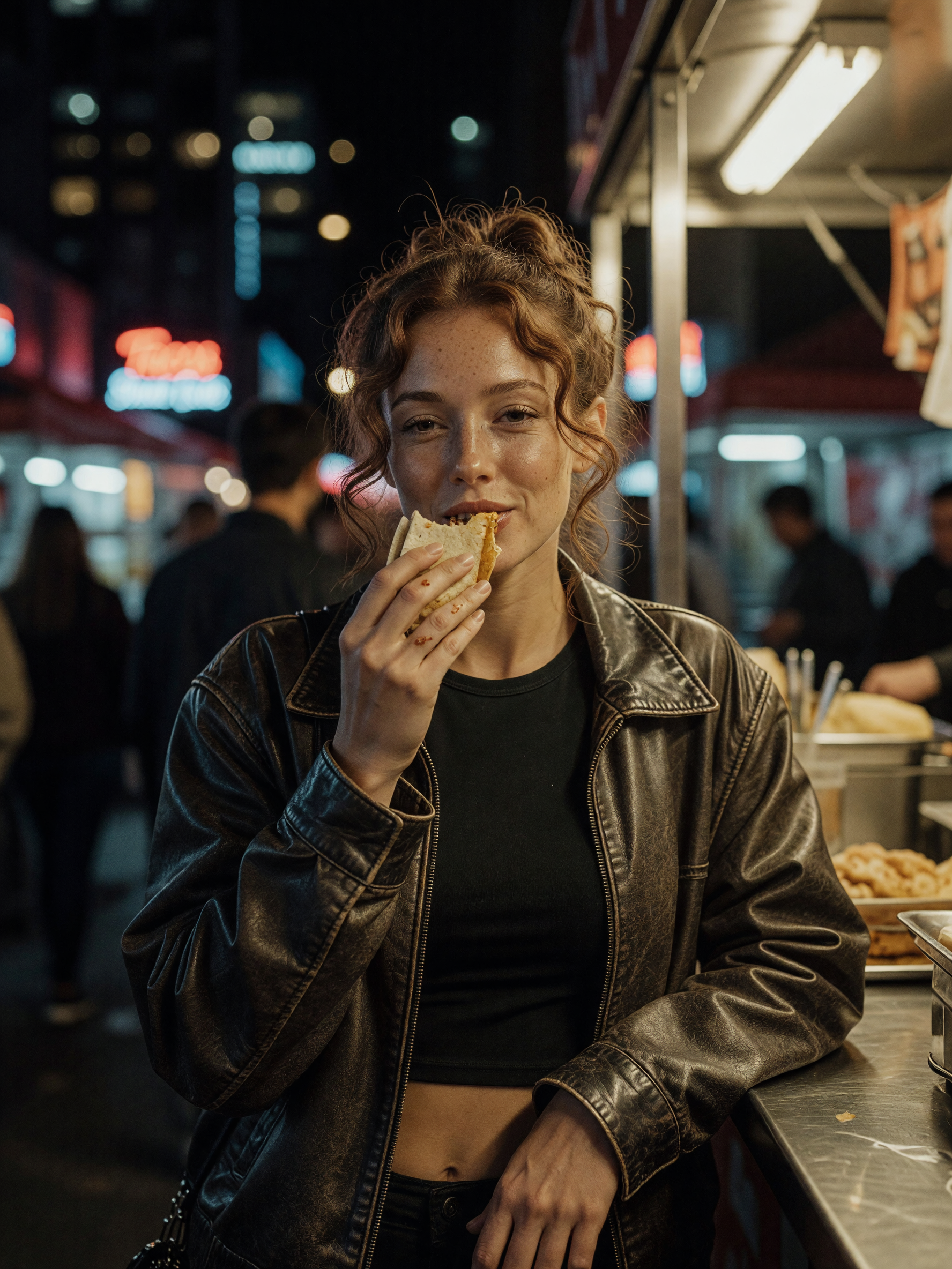 crop top and leather jacket teaming up against the chill. street tacos making it