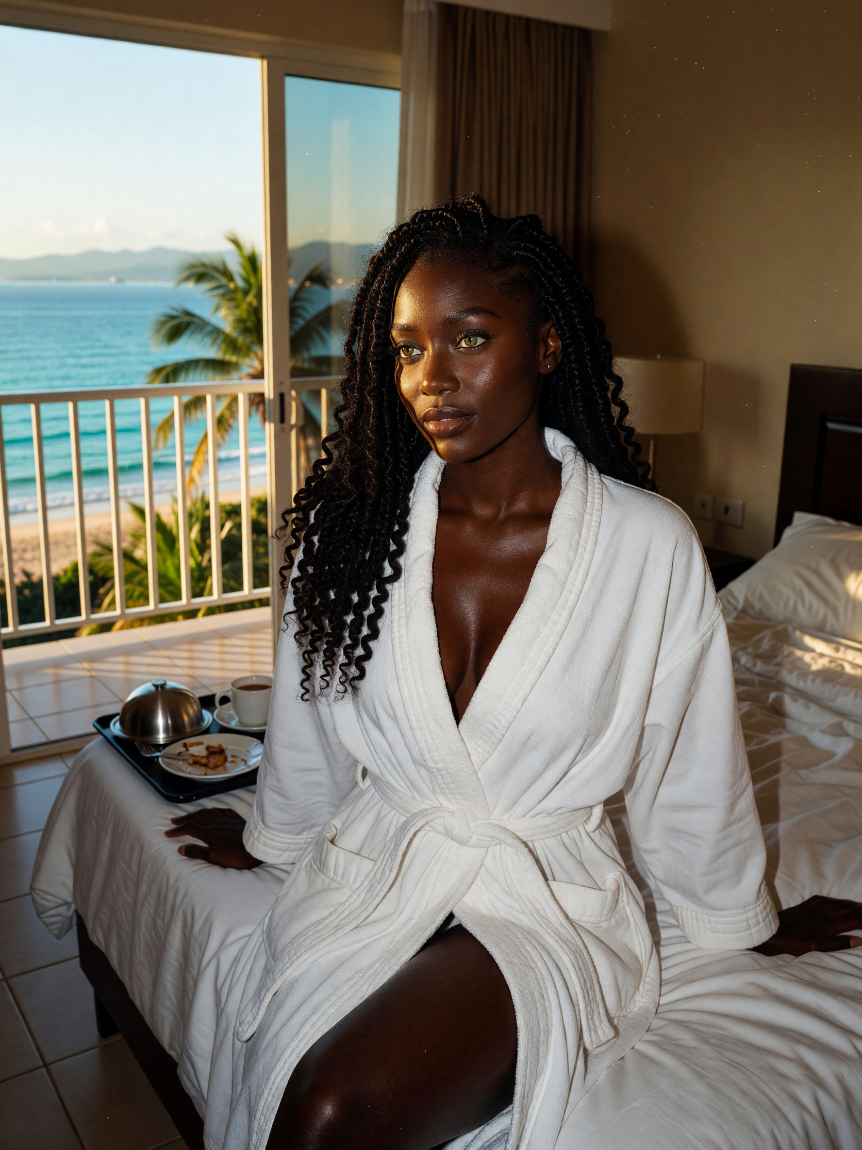 robe tied just enough to answer room service, balcony breeze doing the rest. flu